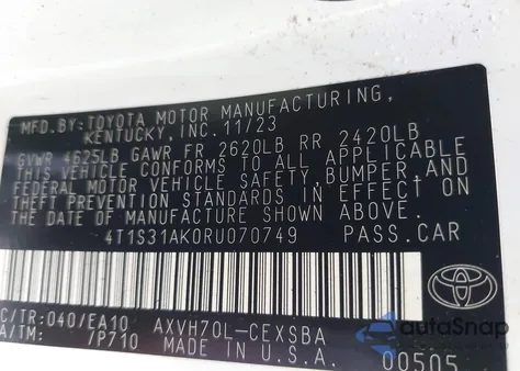 2024 Toyota Camry Hybrid Se из США, поврежденный, VIN 4T1S31AK0RU070749